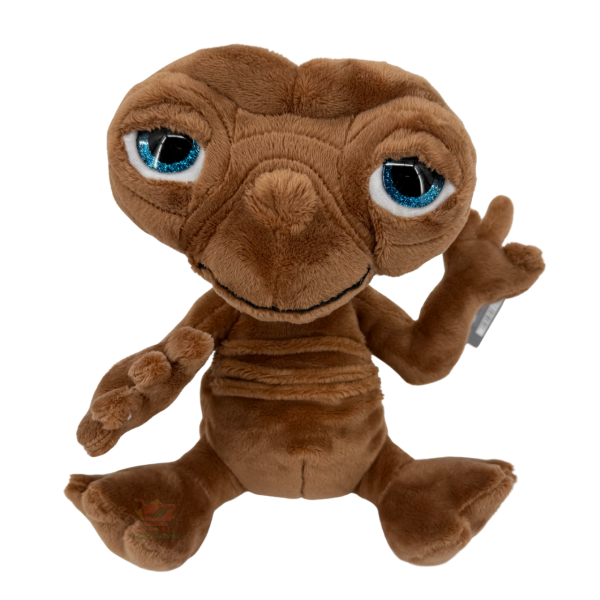 E.T.-Plüschtier sitzend in Braun mit großen blauen Augen und hochgestrecktem Arm, ca. 25 cm